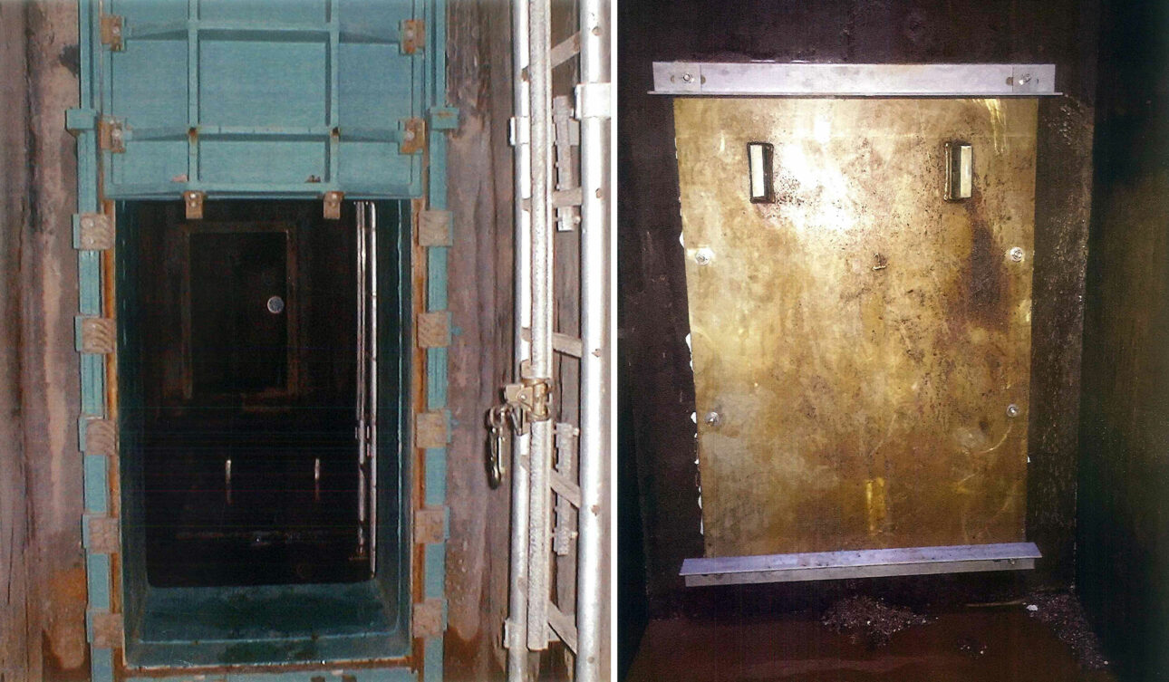 Left: Photo taken 15 years ago of the 1½-inch stainless steel plate on the floor waiting for installation once the future filters were built. Right: Photo taken three weeks ago of the stainless steel plate installed after construction of the filters as part of PC Construction’s current project